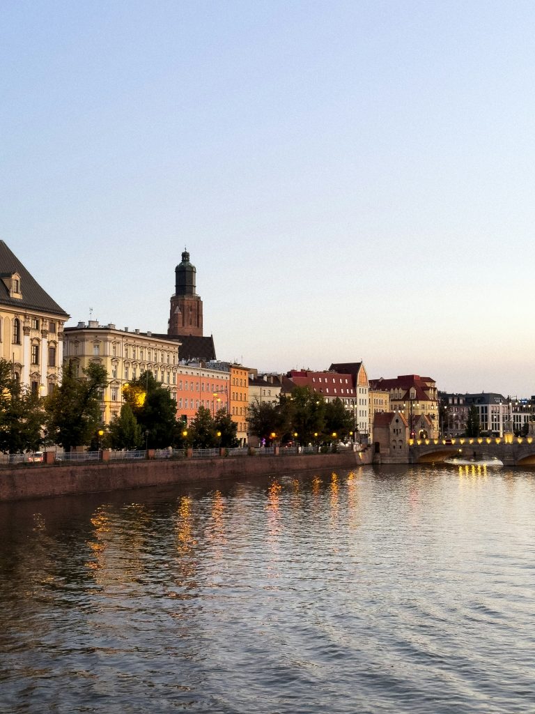 Odra riverfront and historic skyline in Wroclaw