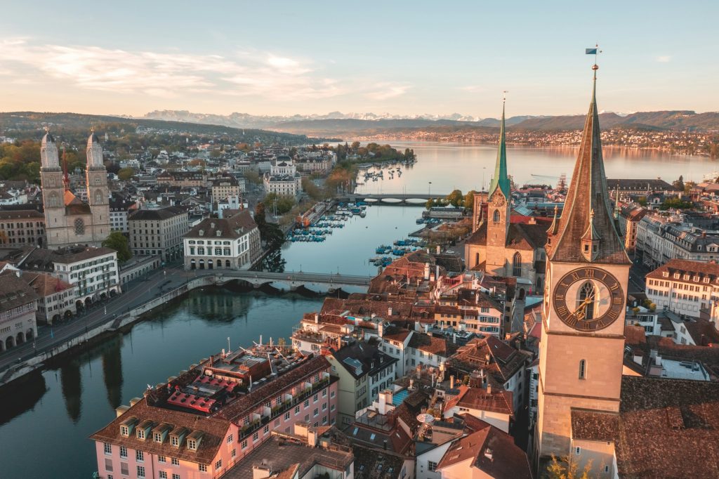 Aerial view of Zurich old town and Lake Zurich