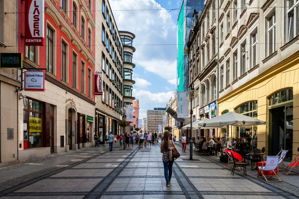 Busy pedestrian street in central Wroclaw summer