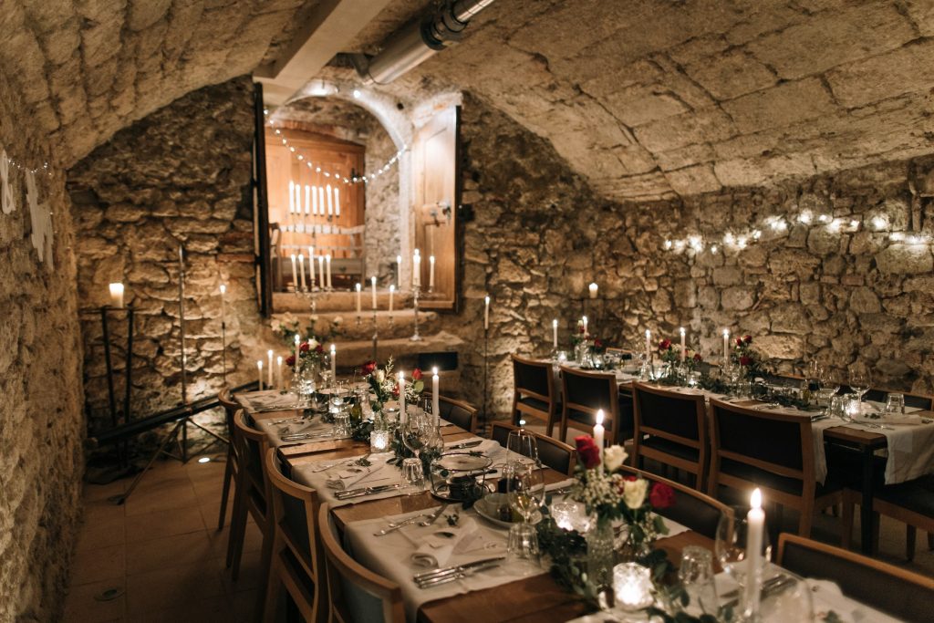 Elegant candlelit restaurant dining room