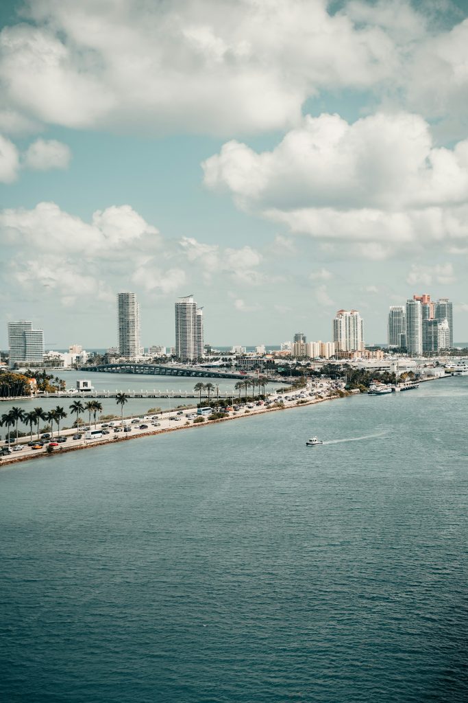 Miami skyline and causeway over Biscayne Bay