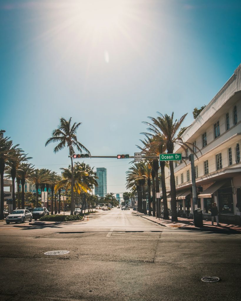 Ocean Drive intersection in Miami with palm trees