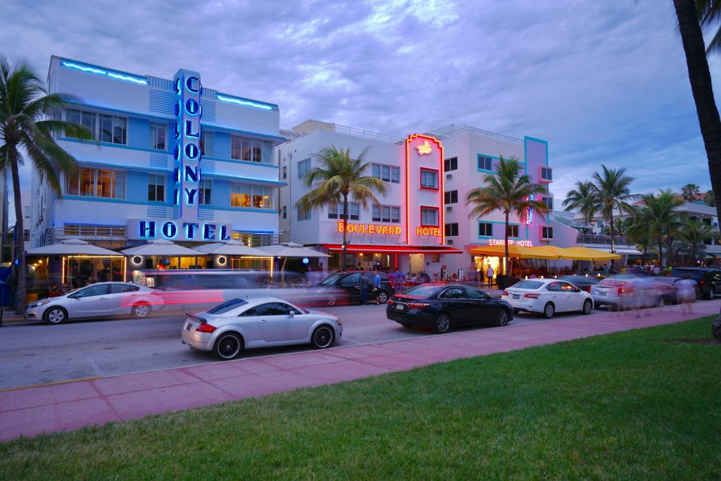 Ocean Drive Art Deco hotels and palm trees